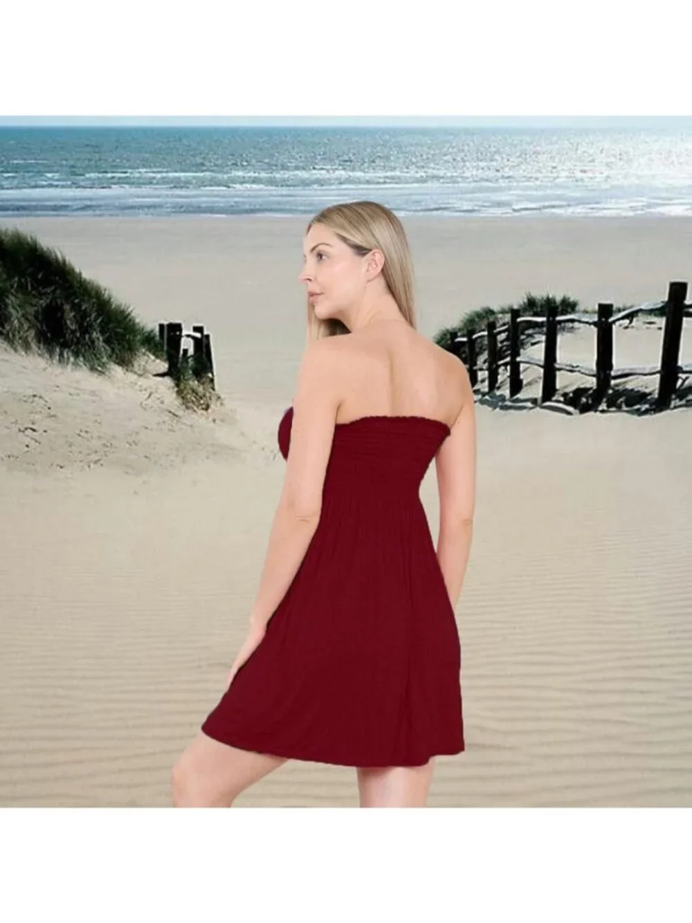 Women's Wine Sun Strapless Tube Short Beach Summer Dresses Casual Mini Dress